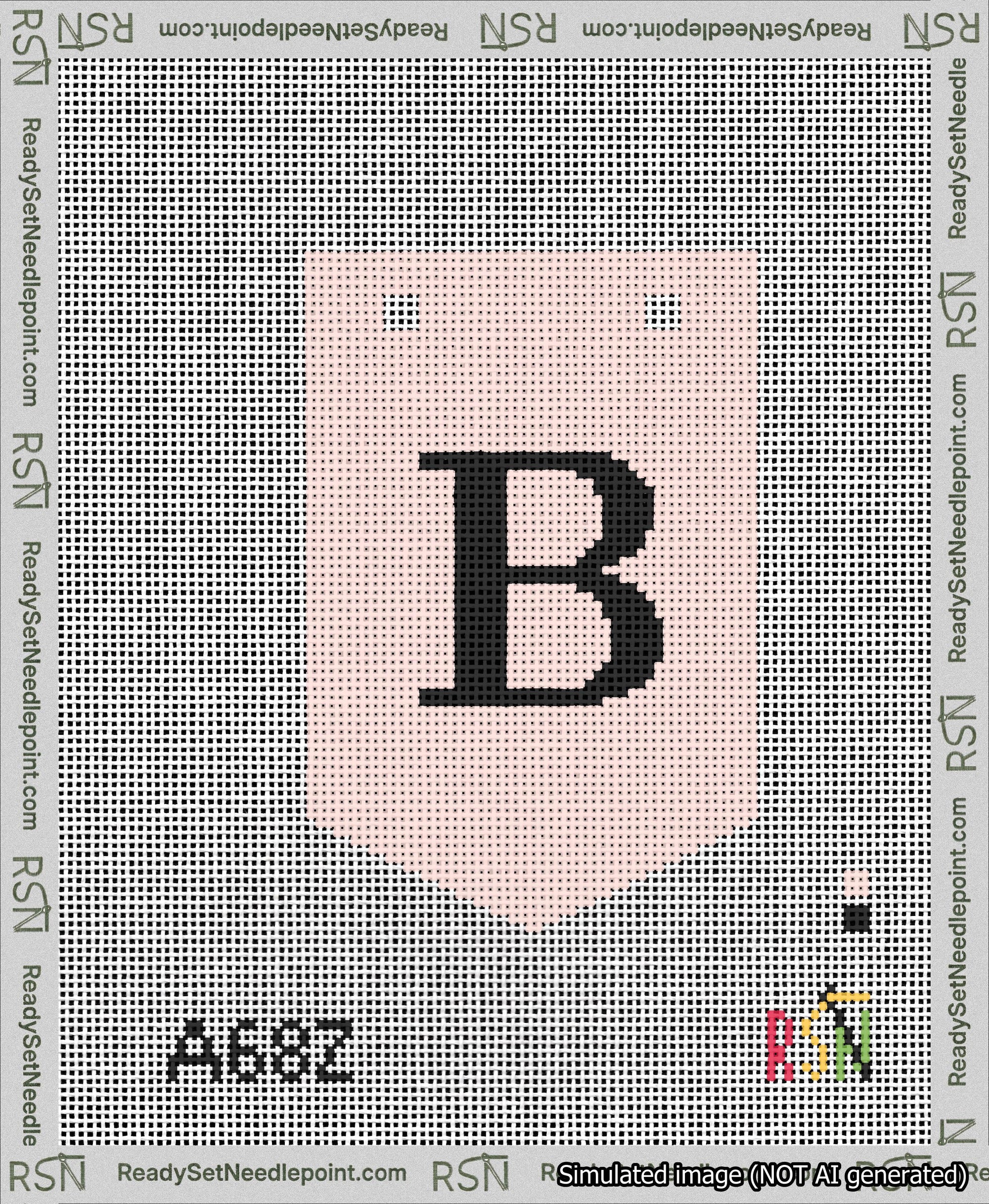 A taped needlepoint canvas with the design: Banner 13 mesh count Pointed B Black on Pink.