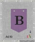 A taped needlepoint canvas with the design: Banner 13 mesh count Pointed B Black on Purple.