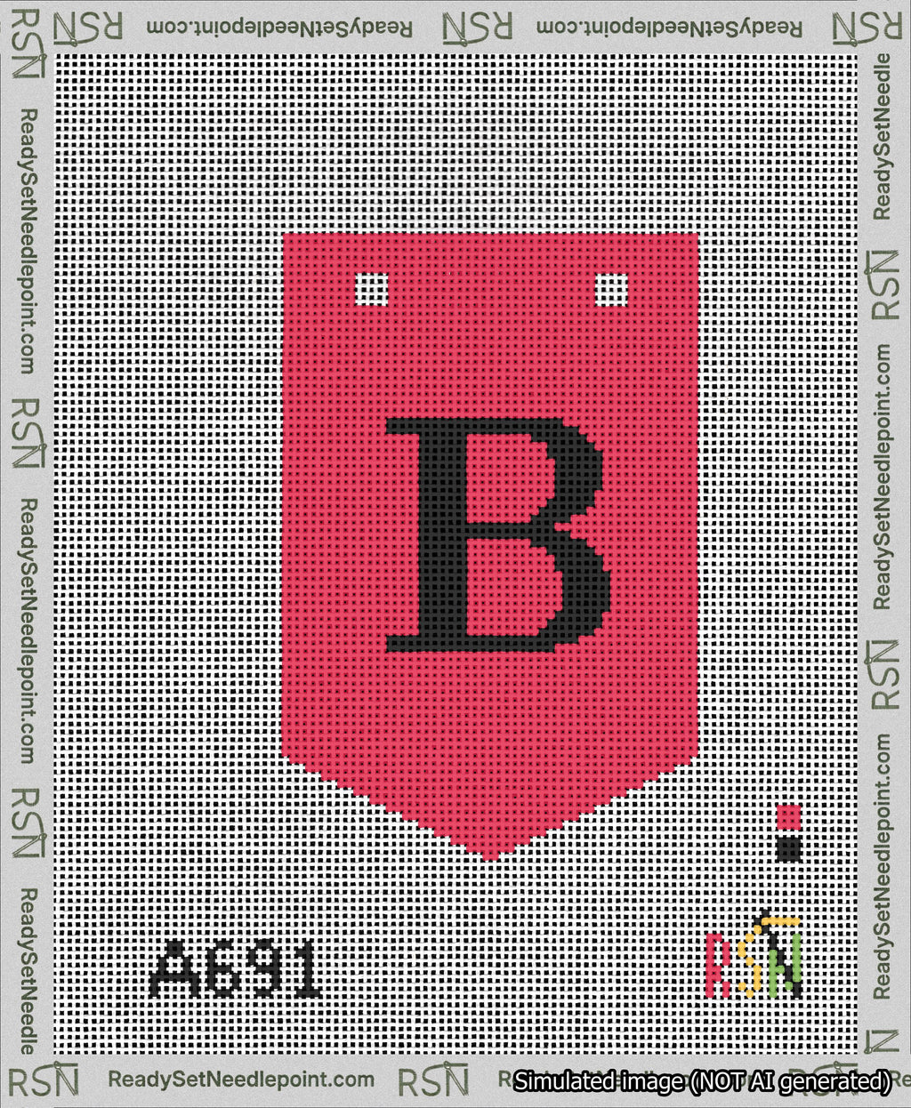 A taped needlepoint canvas with the design: Banner 13 mesh count Pointed B Black on Red.