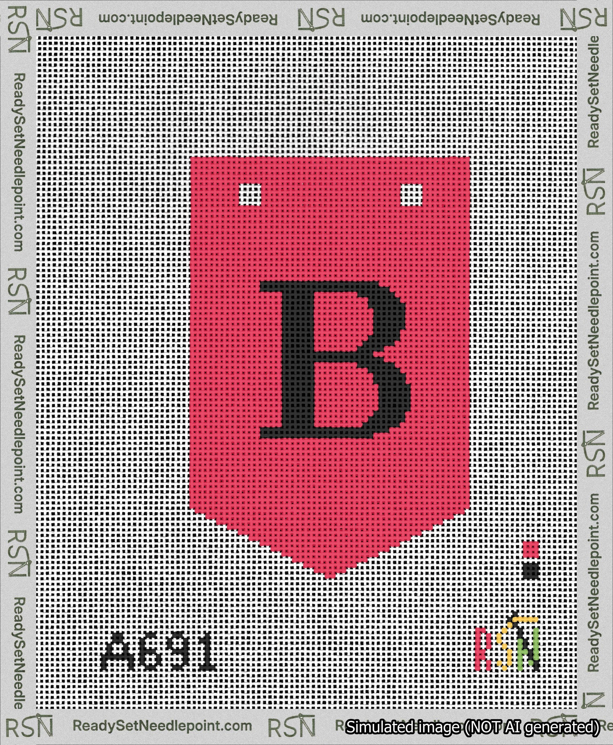 A taped needlepoint canvas with the design: Banner 13 mesh count Pointed B Black on Red.