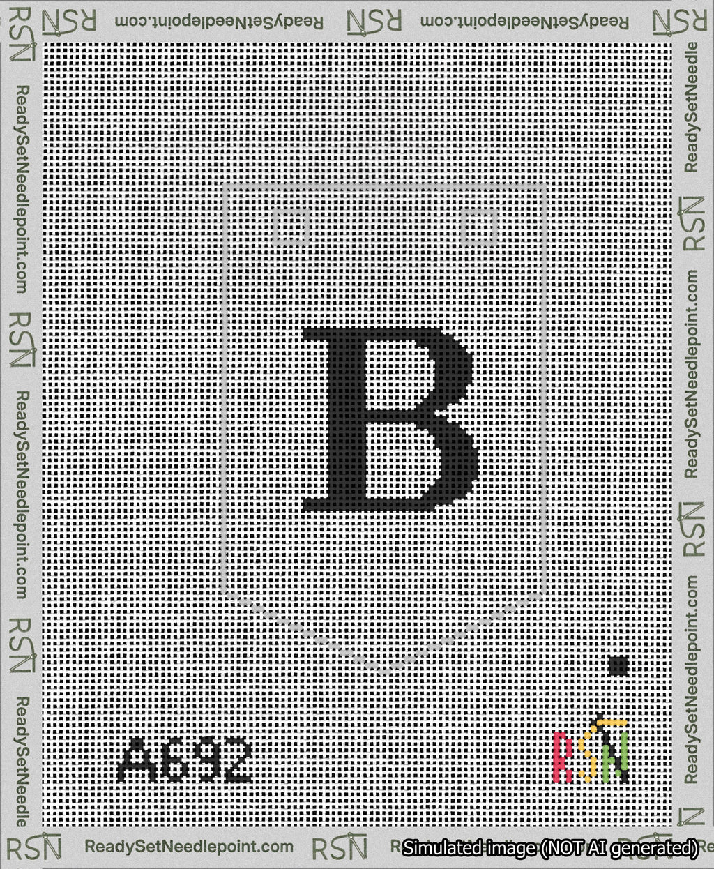 A taped needlepoint canvas with the design: Banner 13 mesh count Pointed B Black on White.