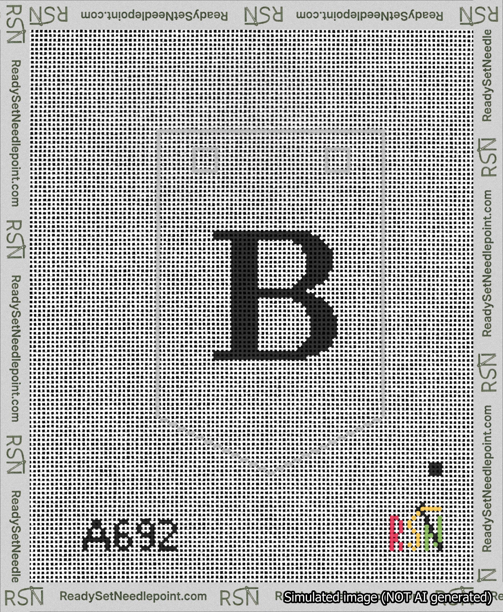 A taped needlepoint canvas with the design: Banner 13 mesh count Pointed B Black on White.