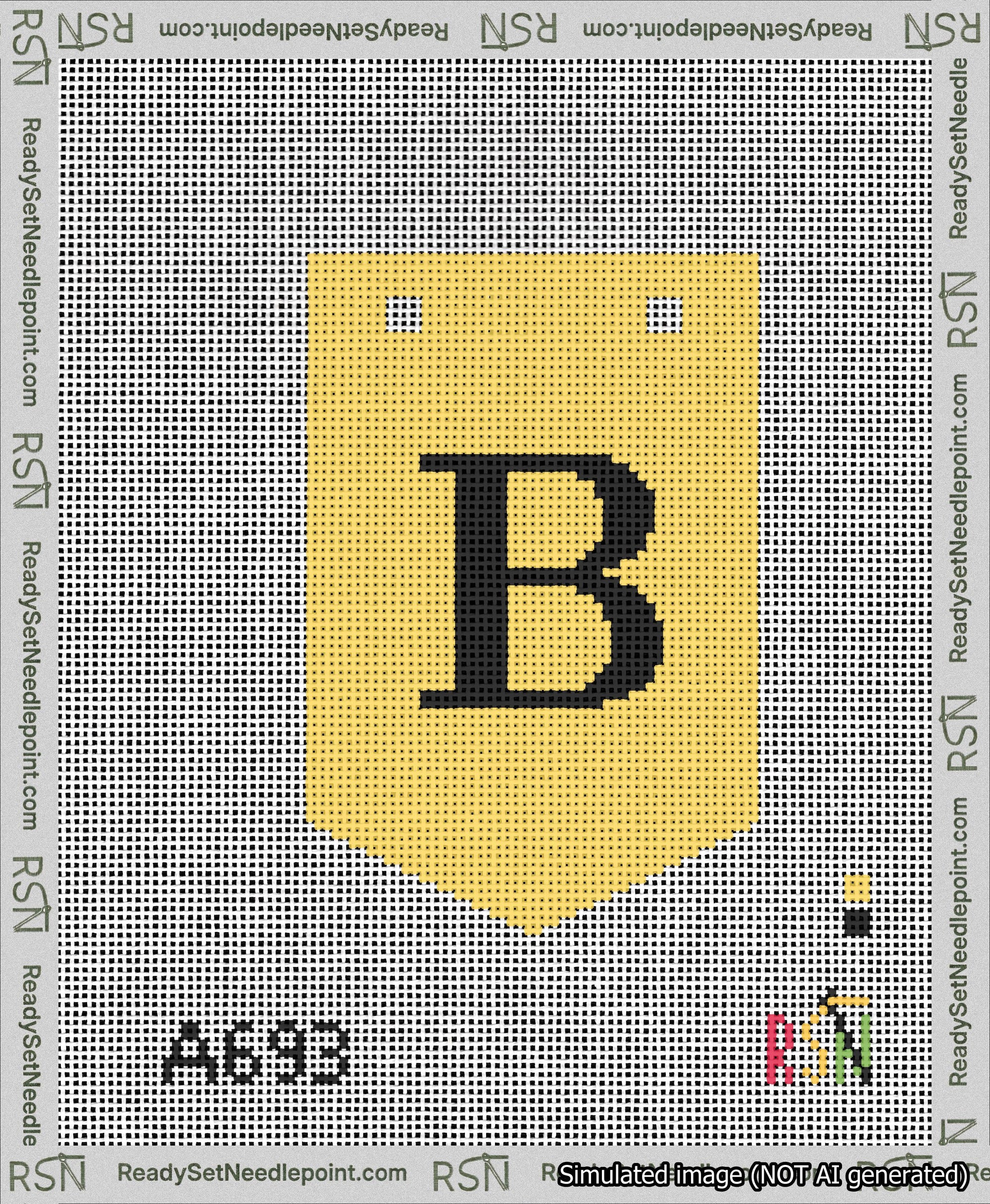 A taped needlepoint canvas with the design: Banner 13 mesh count Pointed B Black on Yellow.