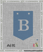 A taped needlepoint canvas with the design: Banner 13 mesh count Pointed B White on Blue.