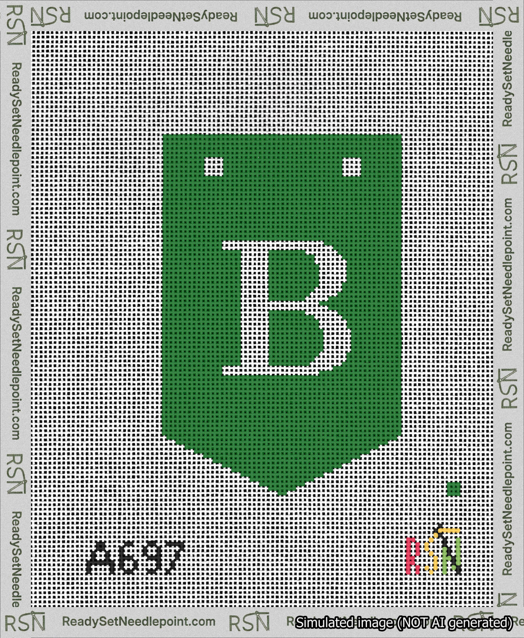 A taped needlepoint canvas with the design: Banner 13 mesh count Pointed B White on Green.