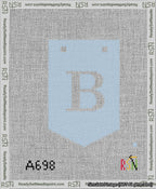 A taped needlepoint canvas with the design: Banner 13 mesh count Pointed B White on Light Blue.