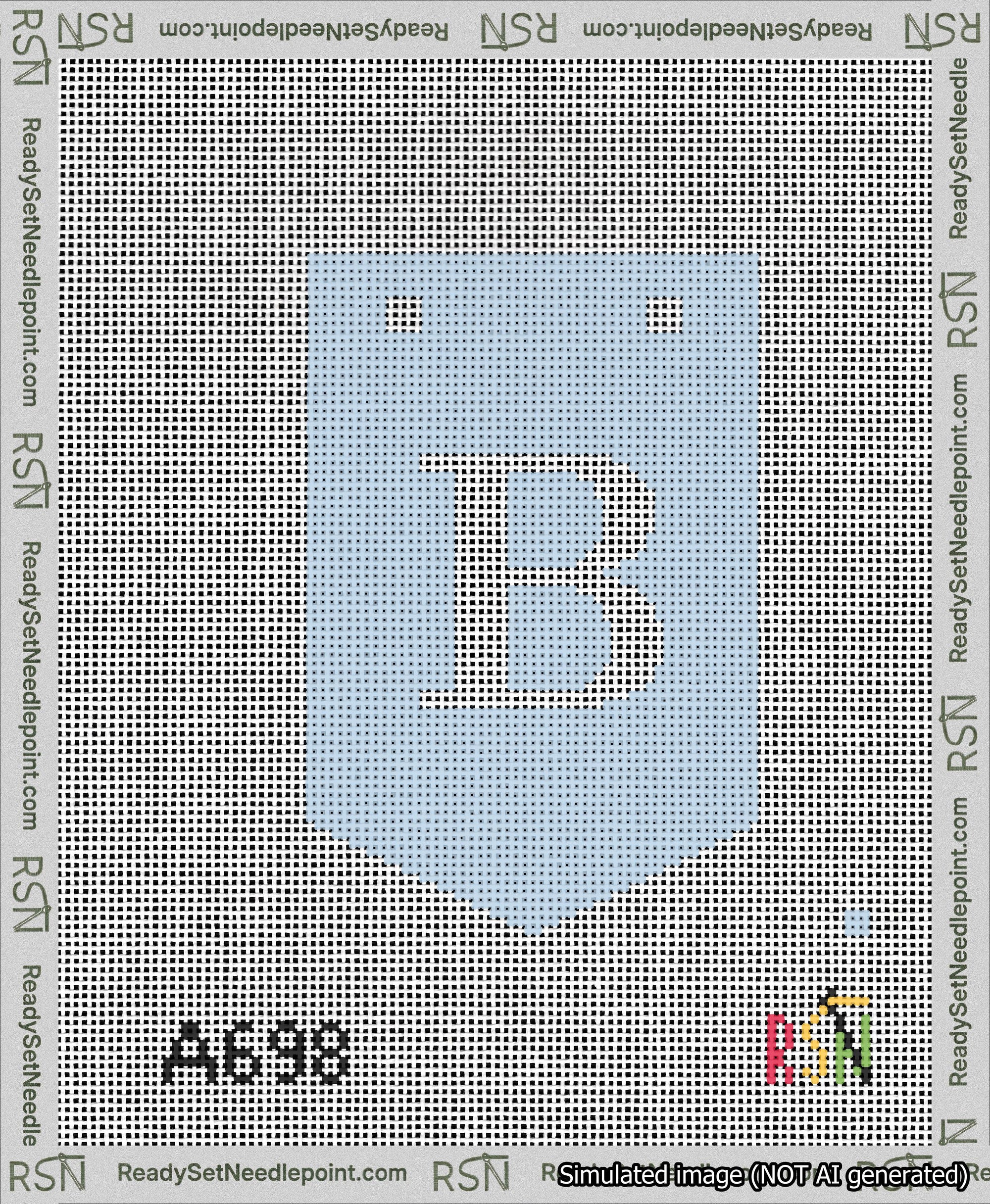 A taped needlepoint canvas with the design: Banner 13 mesh count Pointed B White on Light Blue.