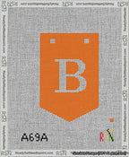 A taped needlepoint canvas with the design: Banner 13 mesh count Pointed B White on Orange.