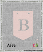 A taped needlepoint canvas with the design: Banner 13 mesh count Pointed B White on Pink.