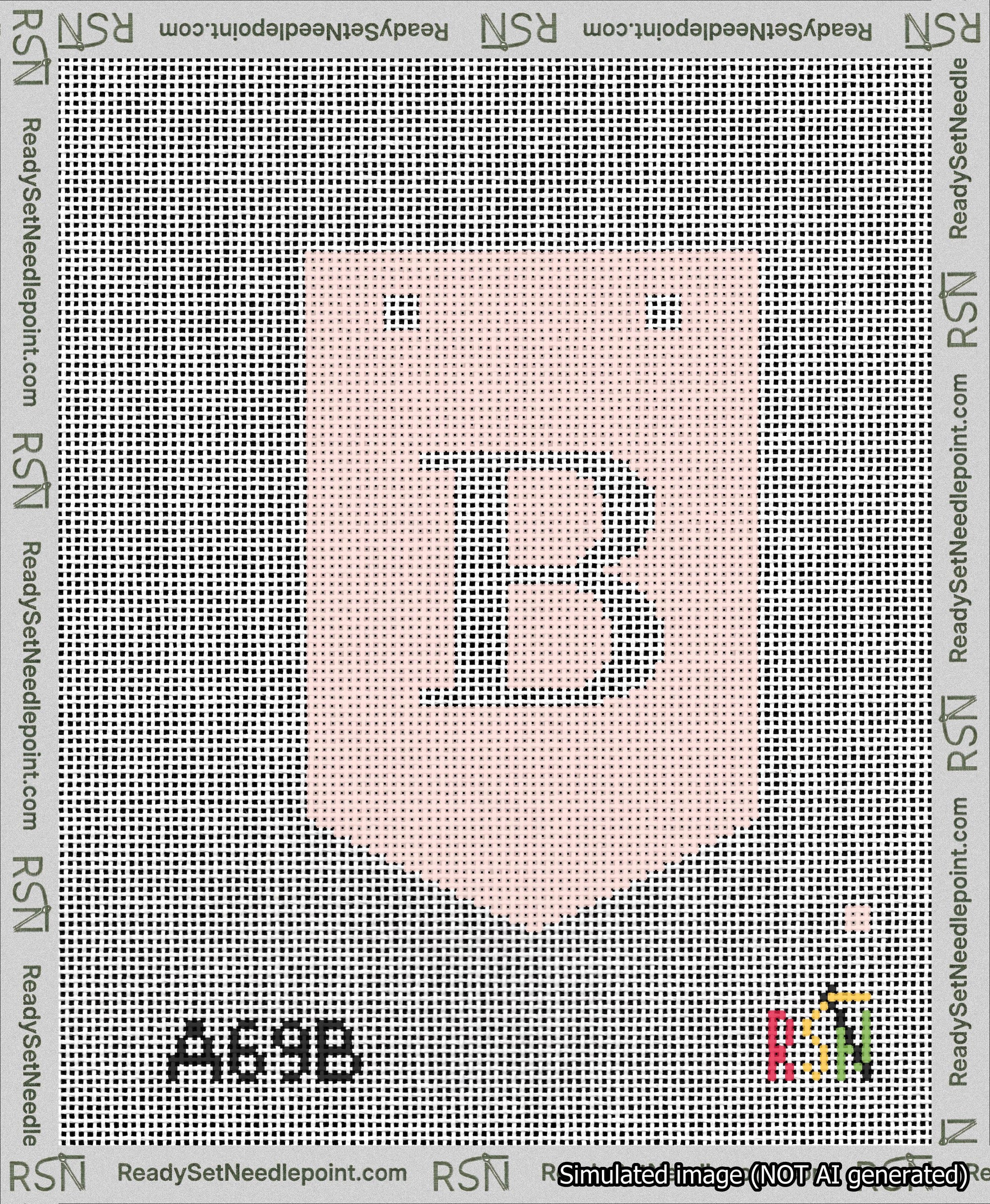A taped needlepoint canvas with the design: Banner 13 mesh count Pointed B White on Pink.