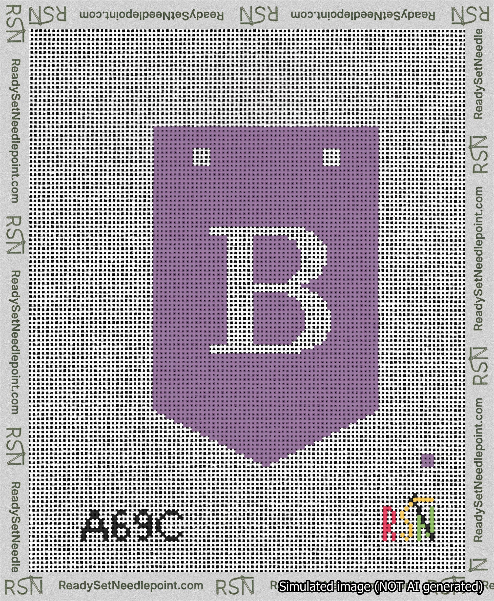 A taped needlepoint canvas with the design: Banner 13 mesh count Pointed B White on Purple.
