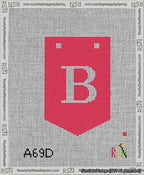 A taped needlepoint canvas with the design: Banner 13 mesh count Pointed B White on Red.