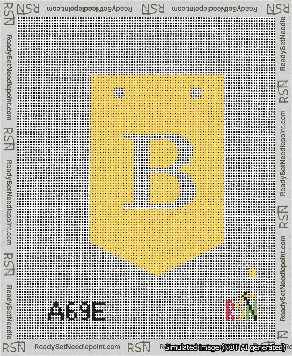 A taped needlepoint canvas with the design: Banner 13 mesh count Pointed B White on Yellow.