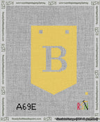 A taped needlepoint canvas with the design: Banner 13 mesh count Pointed B White on Yellow.