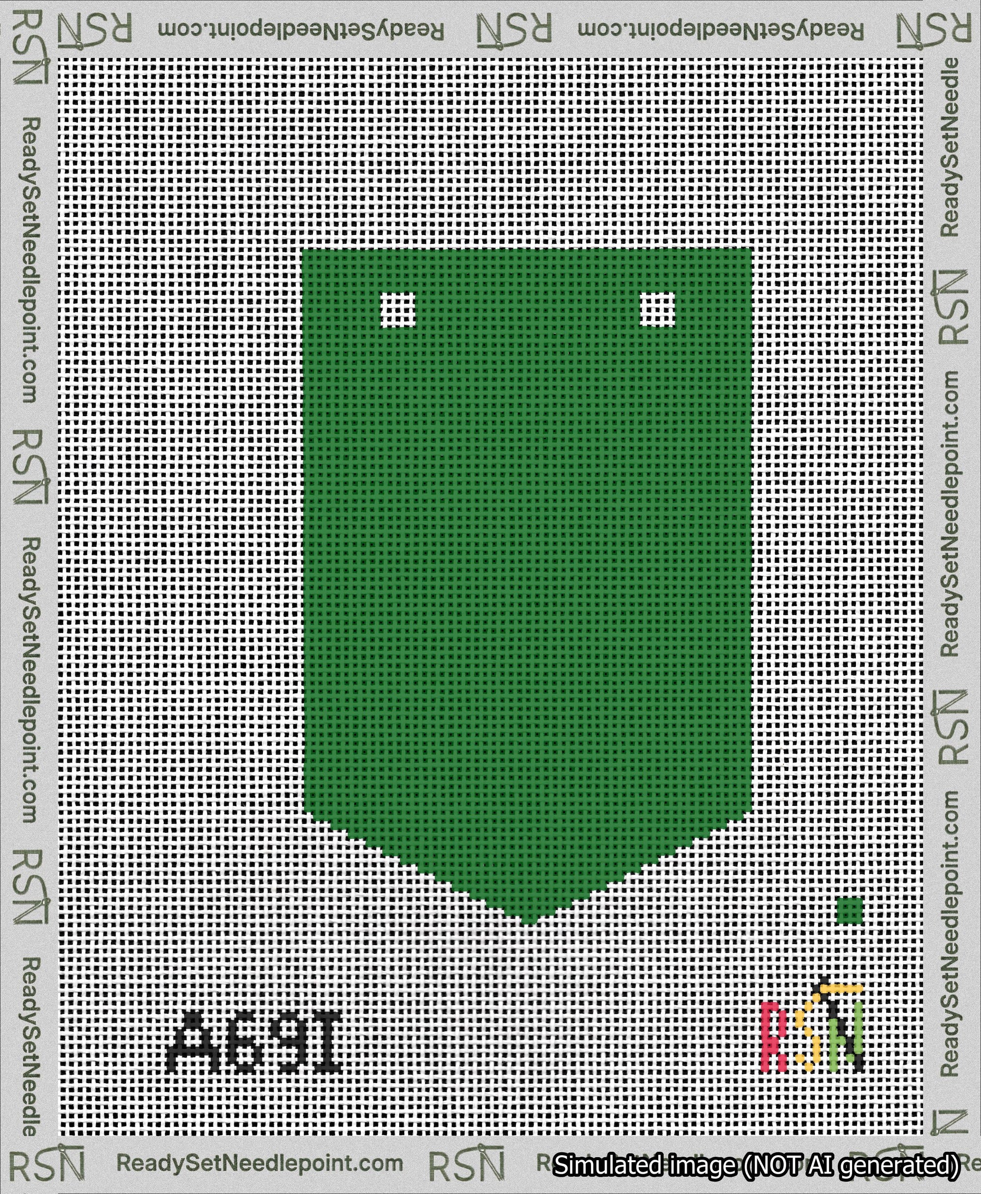 A taped needlepoint canvas with the design: Banner 13 mesh count Pointed Blank Green.
