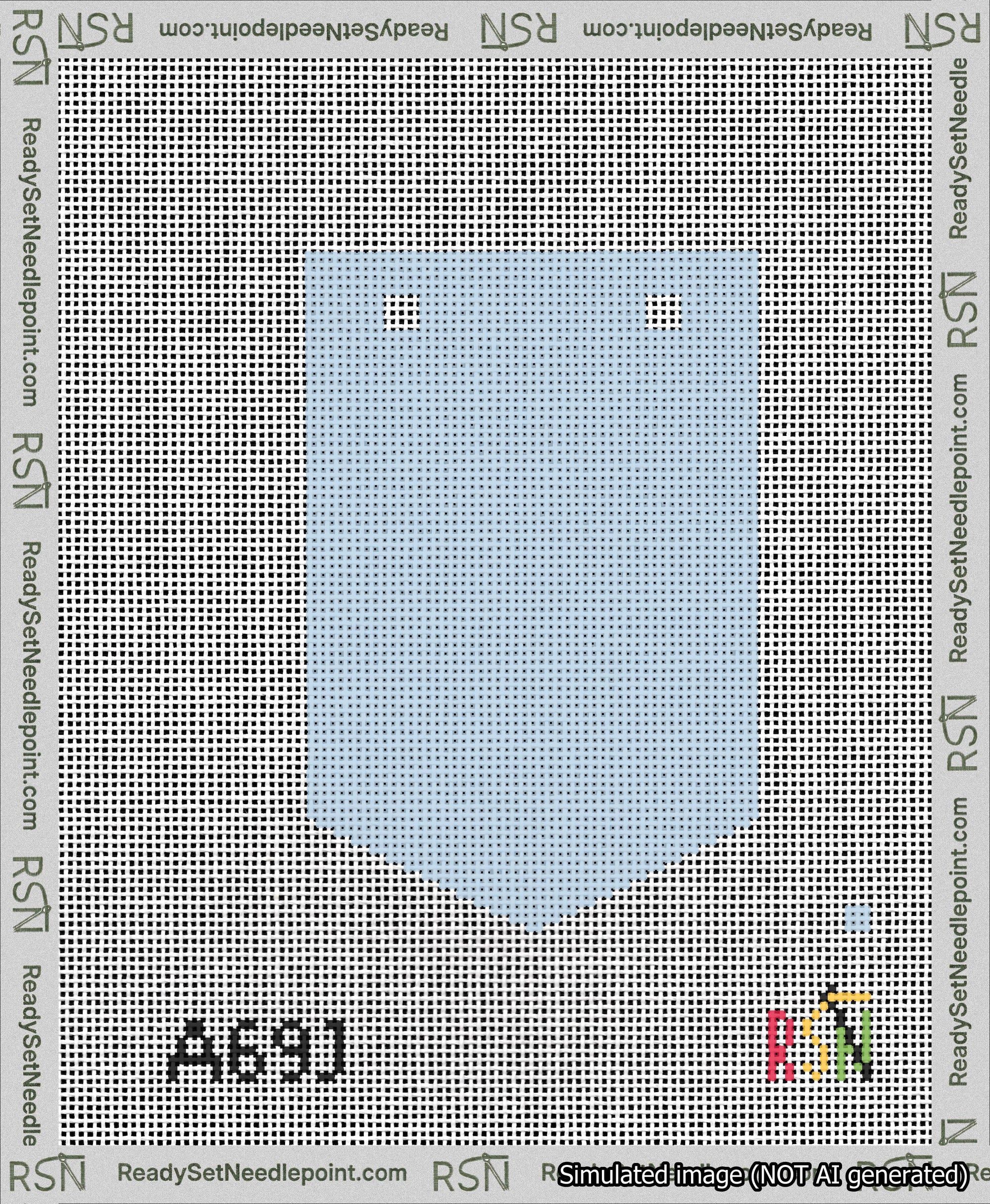 A taped needlepoint canvas with the design: Banner 13 mesh count Pointed Blank Light Blue.