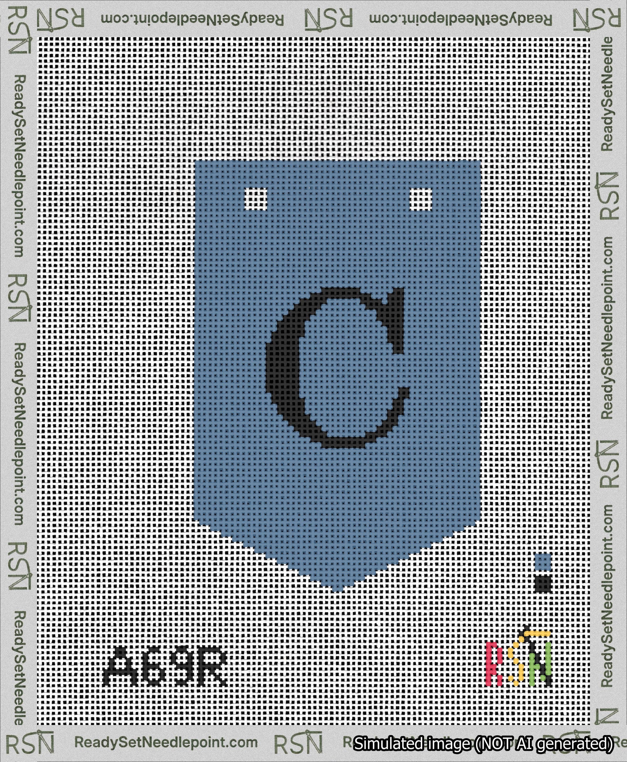 A taped needlepoint canvas with the design: Banner 13 mesh count Pointed C Black on Blue.