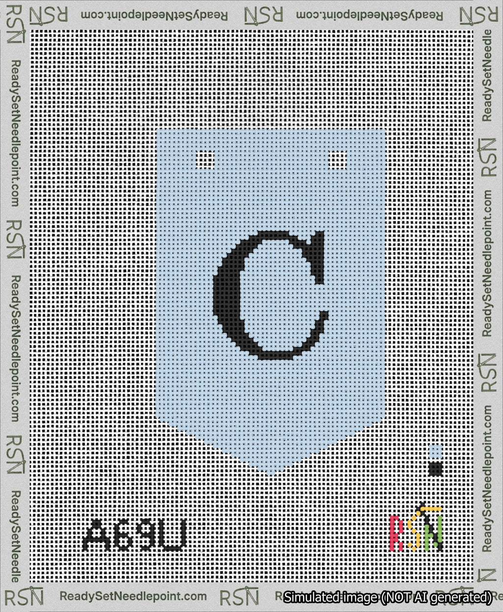 A taped needlepoint canvas with the design: Banner 13 mesh count Pointed C Black on Light Blue.