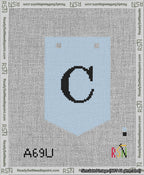 A taped needlepoint canvas with the design: Banner 13 mesh count Pointed C Black on Light Blue.