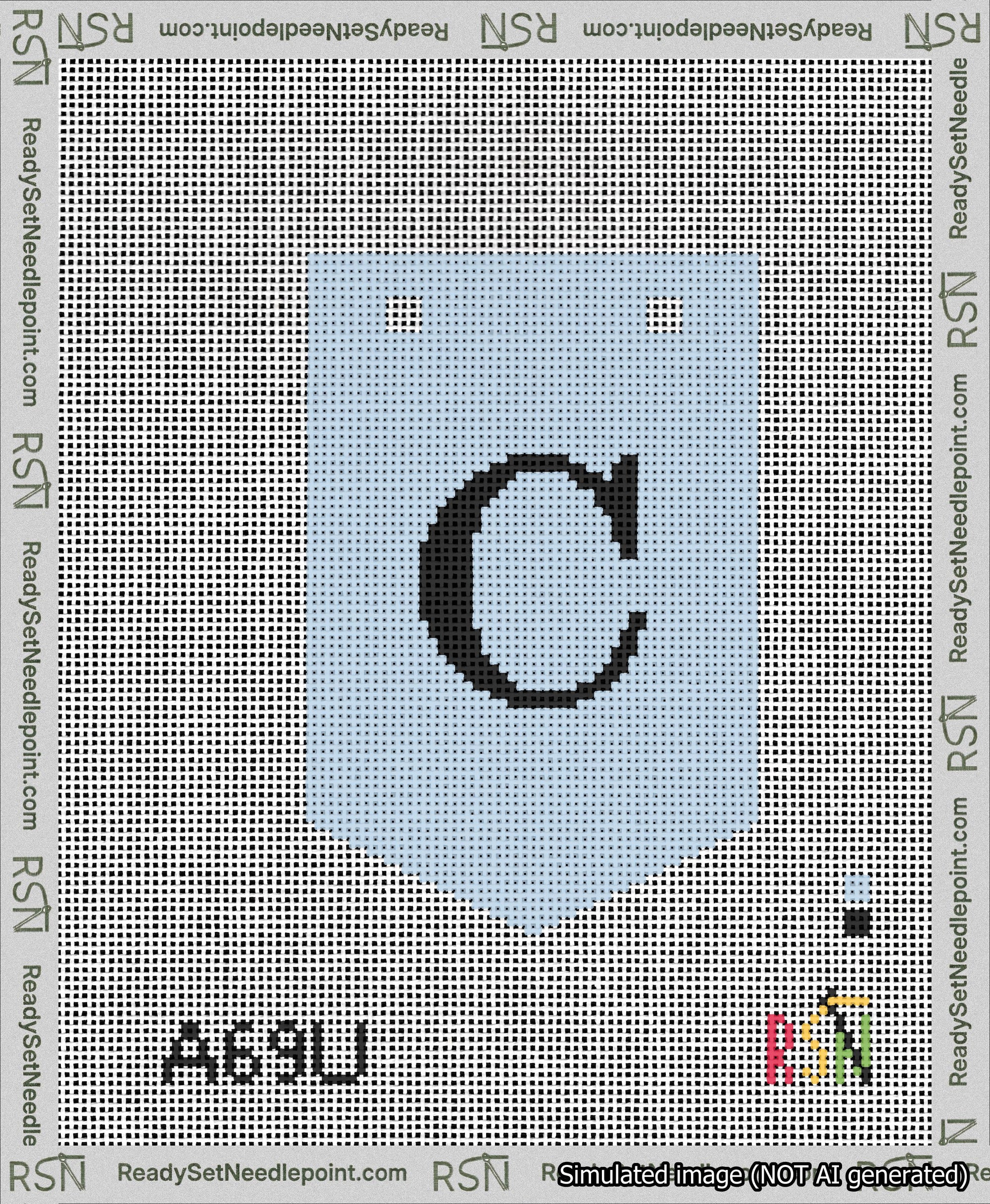A taped needlepoint canvas with the design: Banner 13 mesh count Pointed C Black on Light Blue.