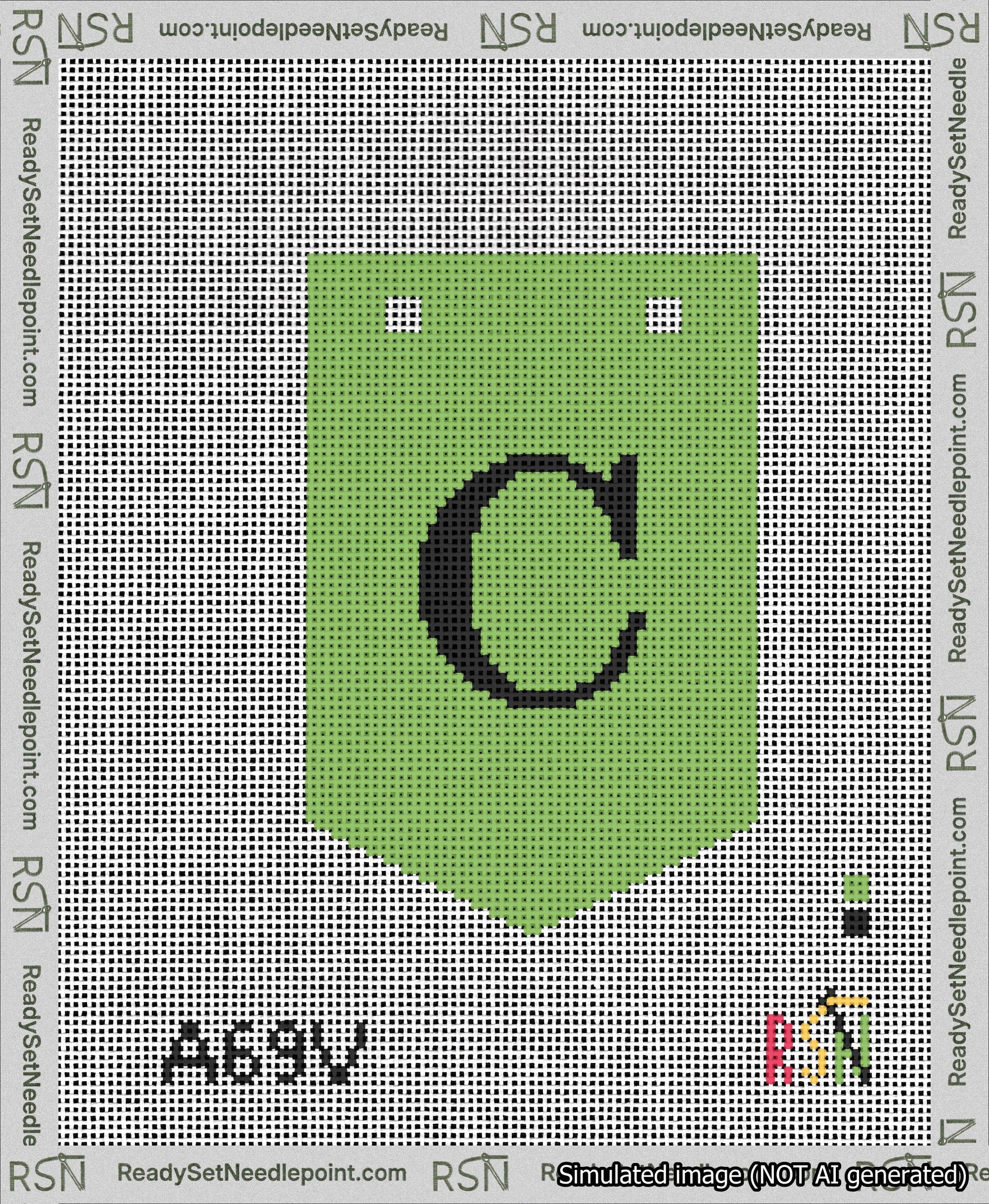 A taped needlepoint canvas with the design: Banner 13 mesh count Pointed C Black on Light Green.