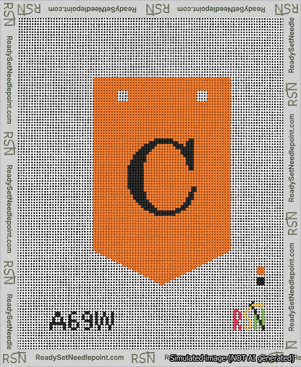 A taped needlepoint canvas with the design: Banner 13 mesh count Pointed C Black on Orange.