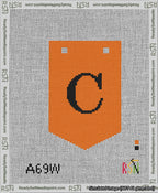 A taped needlepoint canvas with the design: Banner 13 mesh count Pointed C Black on Orange.