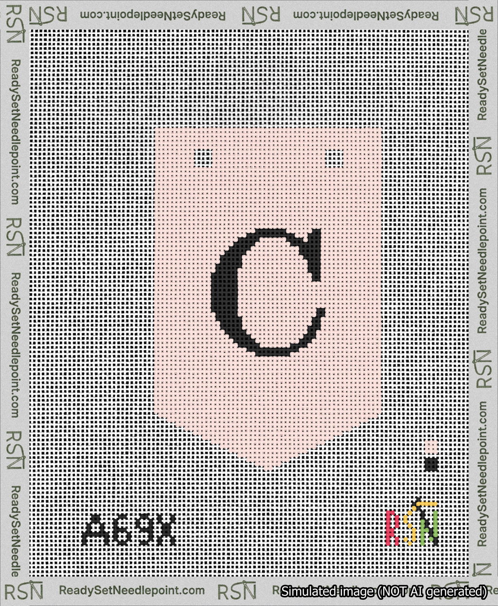 A taped needlepoint canvas with the design: Banner 13 mesh count Pointed C Black on Pink.