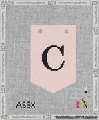 A taped needlepoint canvas with the design: Banner 13 mesh count Pointed C Black on Pink.