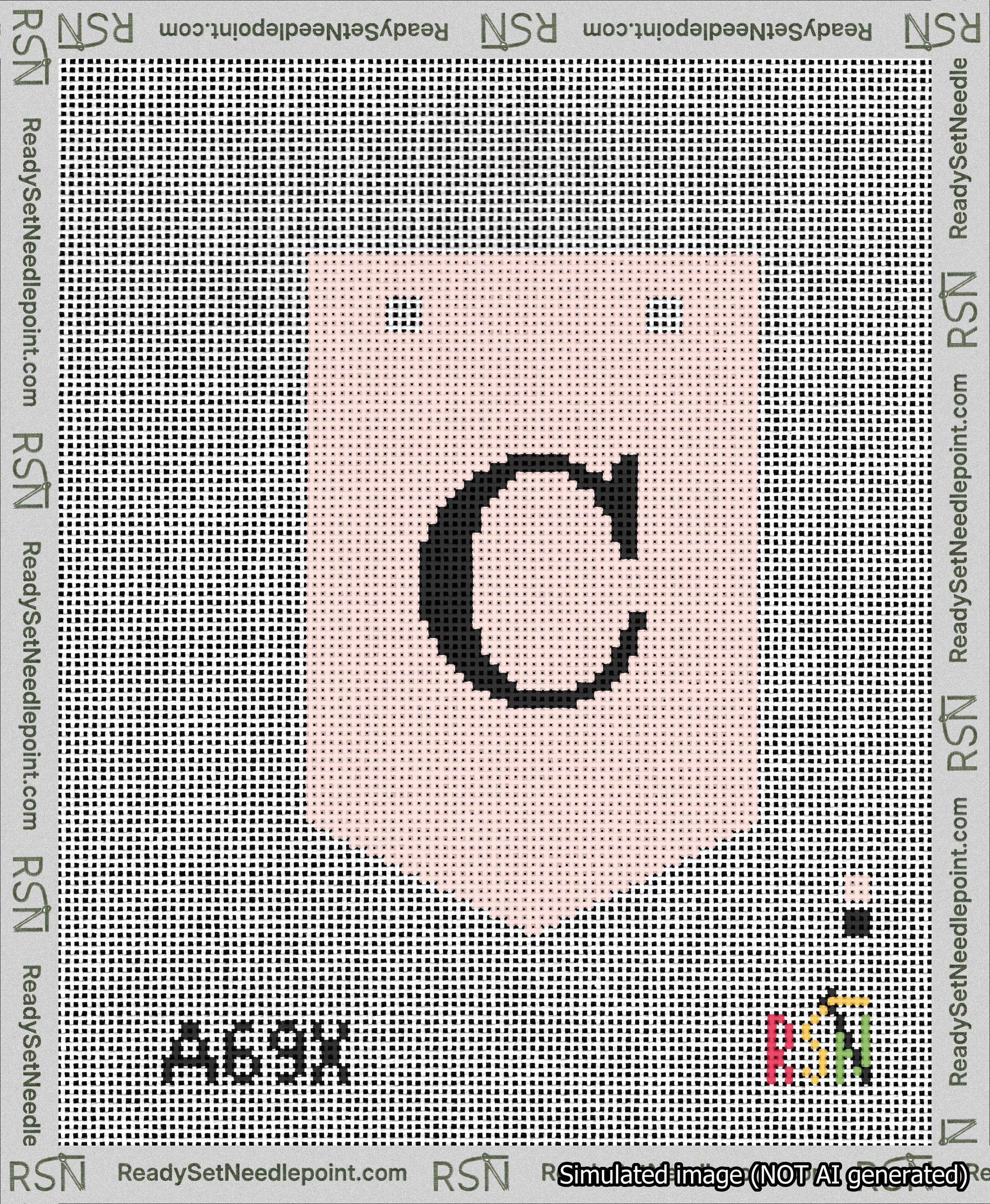 A taped needlepoint canvas with the design: Banner 13 mesh count Pointed C Black on Pink.