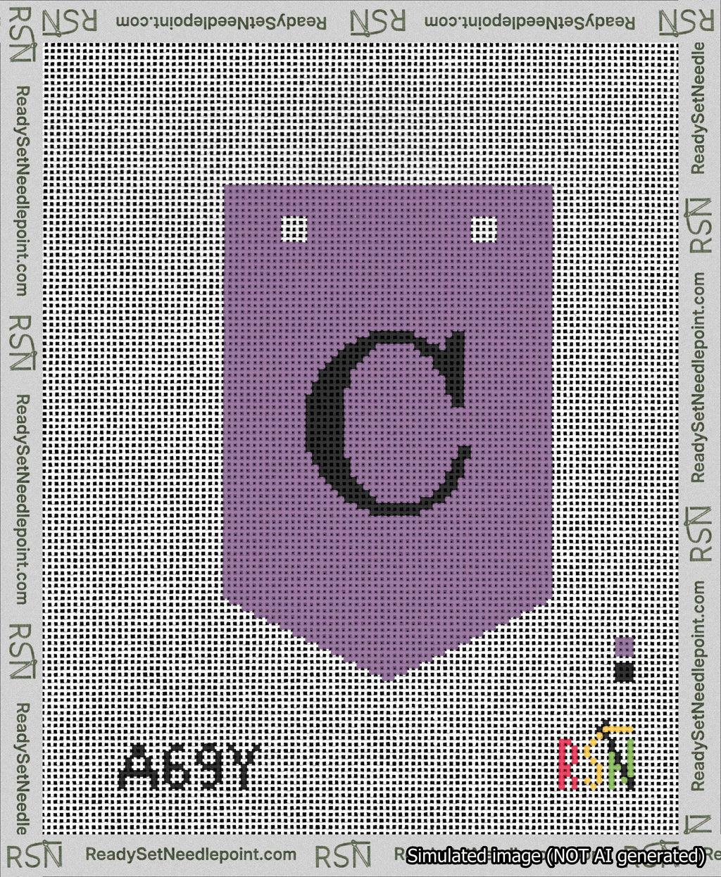 A taped needlepoint canvas with the design: Banner 13 mesh count Pointed C Black on Purple.