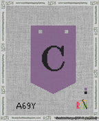 A taped needlepoint canvas with the design: Banner 13 mesh count Pointed C Black on Purple.