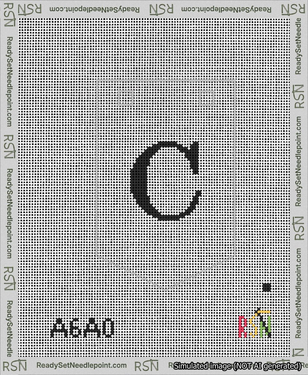 A taped needlepoint canvas with the design: Banner 13 mesh count Pointed C Black on White.