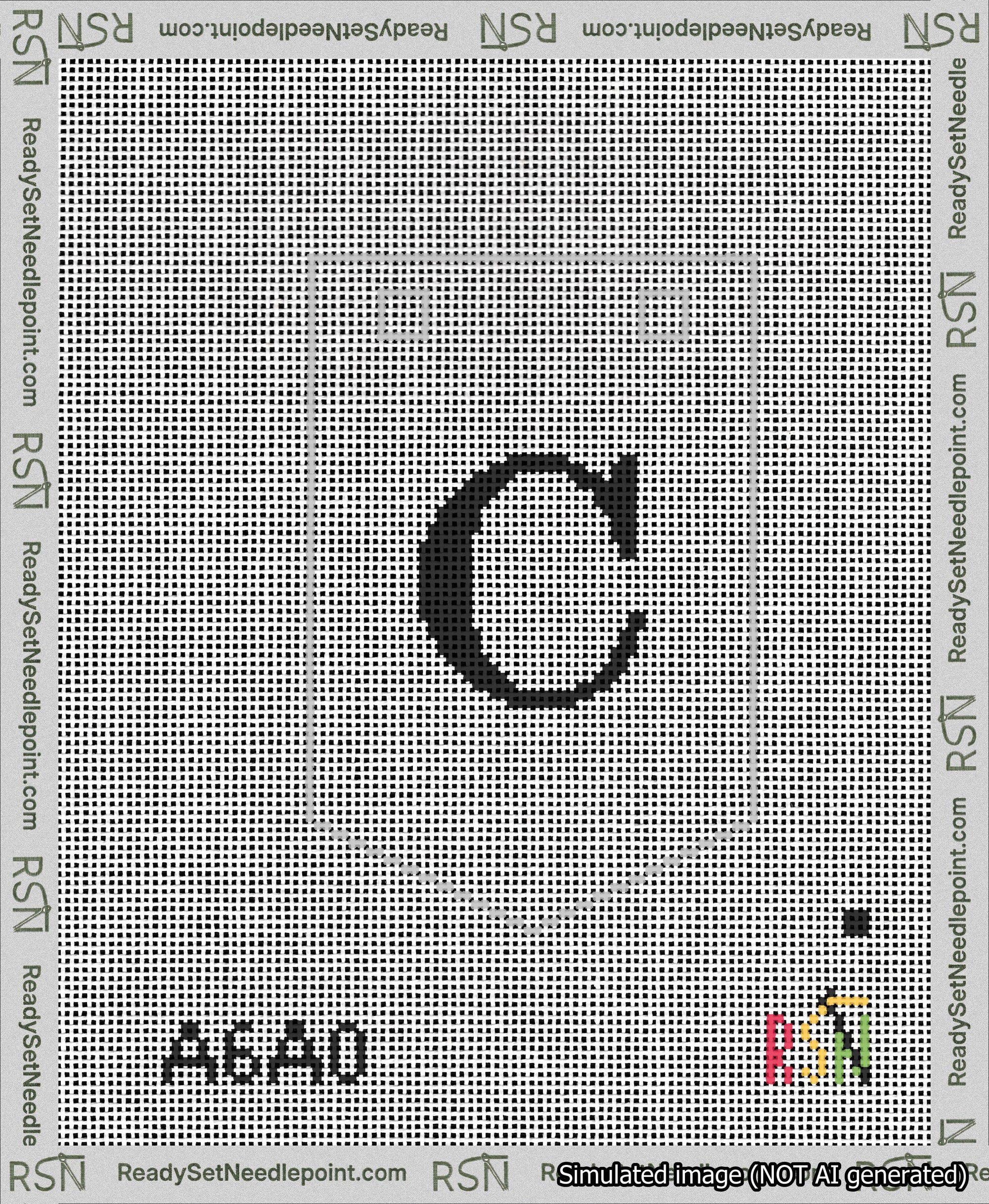 A taped needlepoint canvas with the design: Banner 13 mesh count Pointed C Black on White.