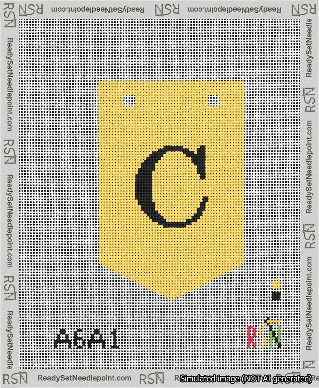 A taped needlepoint canvas with the design: Banner 13 mesh count Pointed C Black on Yellow.