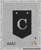 A taped needlepoint canvas with the design: Banner 13 mesh count Pointed C White on Black.