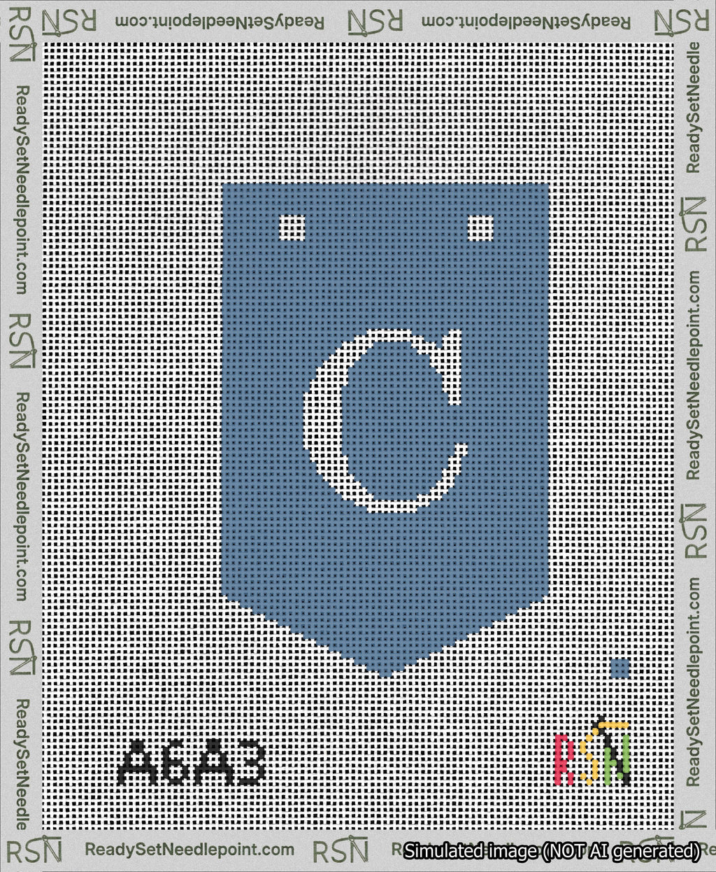 A taped needlepoint canvas with the design: Banner 13 mesh count Pointed C White on Blue.