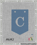 A taped needlepoint canvas with the design: Banner 13 mesh count Pointed C White on Blue.
