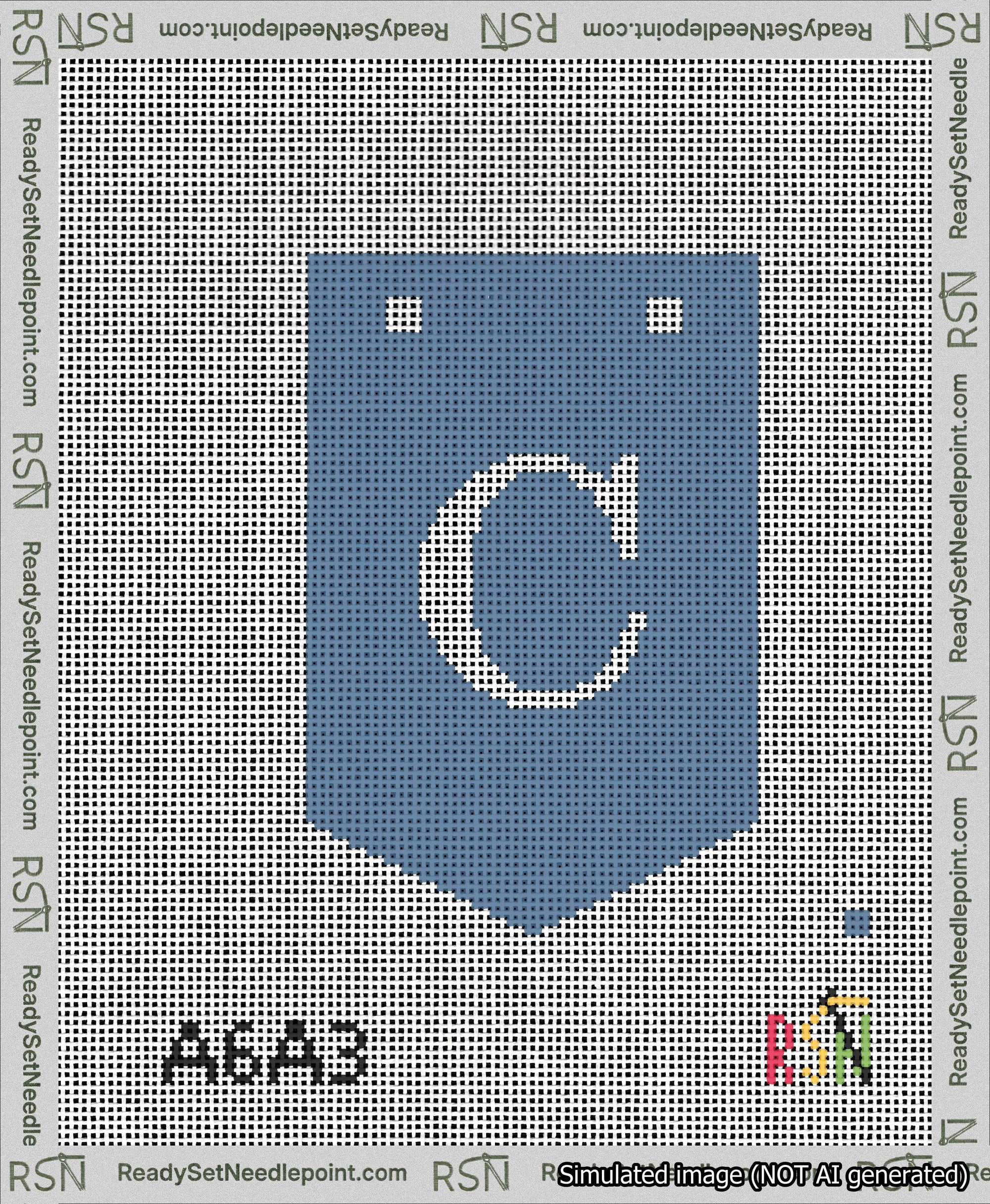 A taped needlepoint canvas with the design: Banner 13 mesh count Pointed C White on Blue.