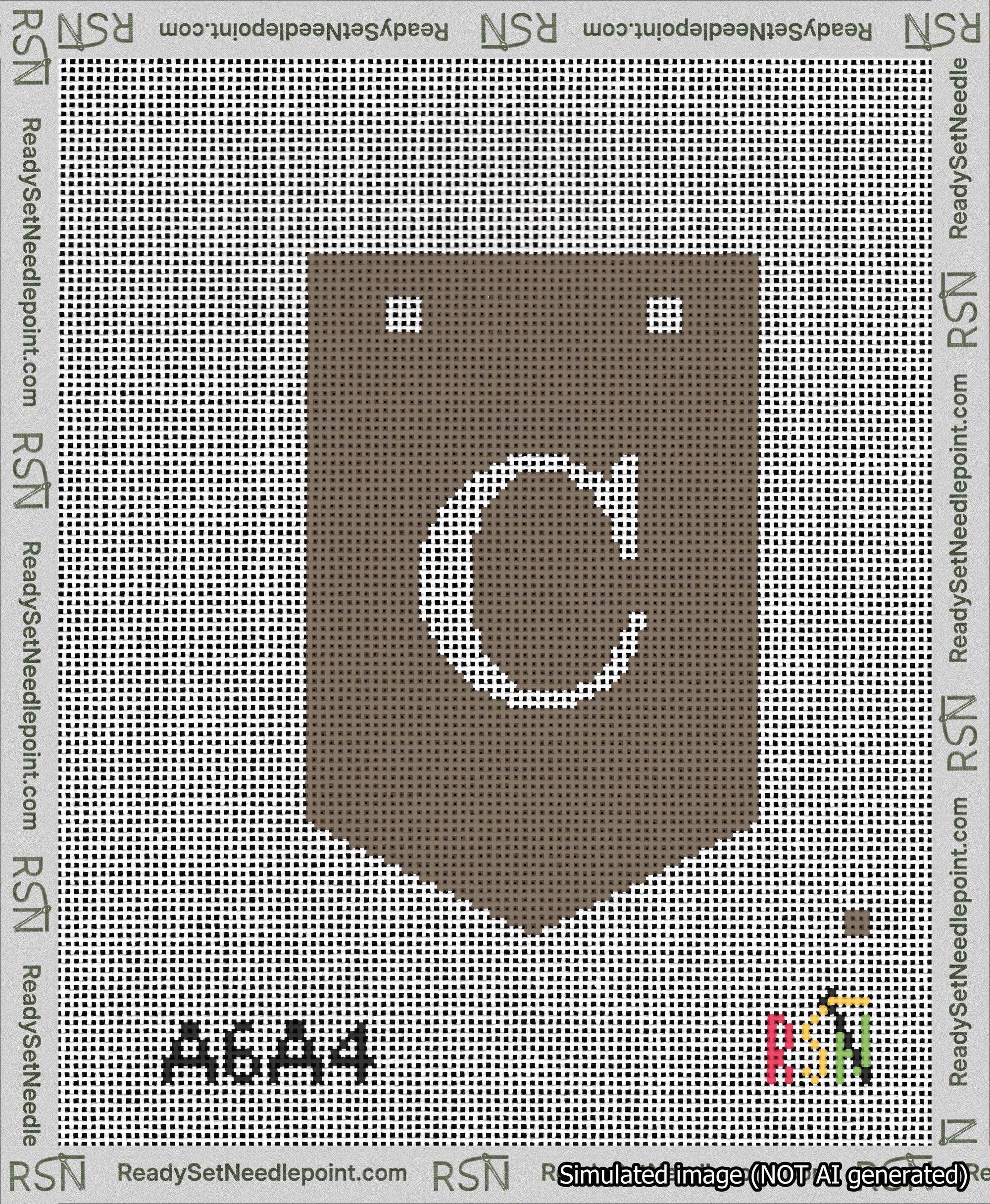 A taped needlepoint canvas with the design: Banner 13 mesh count Pointed C White on Brown.