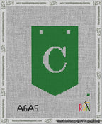 A taped needlepoint canvas with the design: Banner 13 mesh count Pointed C White on Green.