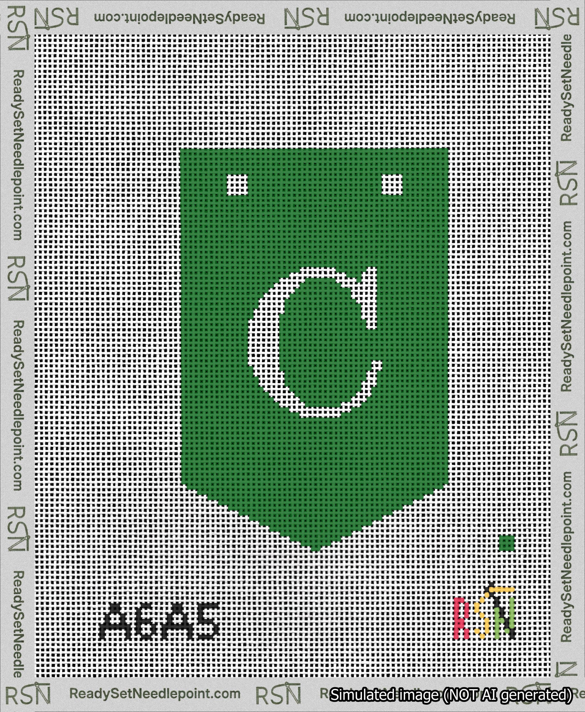 A taped needlepoint canvas with the design: Banner 13 mesh count Pointed C White on Green.