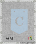 A taped needlepoint canvas with the design: Banner 13 mesh count Pointed C White on Light Blue.