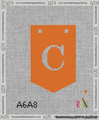 A taped needlepoint canvas with the design: Banner 13 mesh count Pointed C White on Orange.