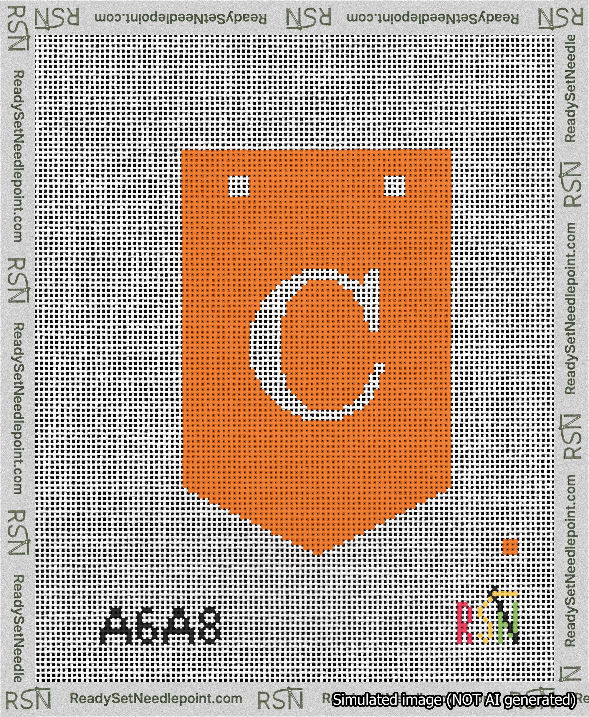 A taped needlepoint canvas with the design: Banner 13 mesh count Pointed C White on Orange.