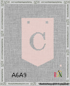 A taped needlepoint canvas with the design: Banner 13 mesh count Pointed C White on Pink.