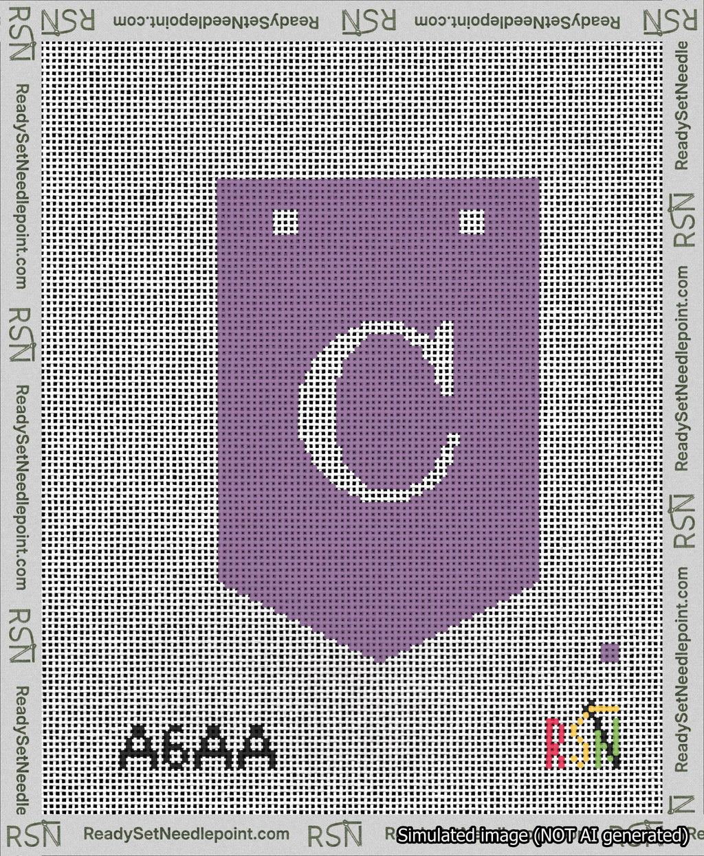 A taped needlepoint canvas with the design: Banner 13 mesh count Pointed C White on Purple.