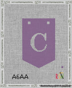A taped needlepoint canvas with the design: Banner 13 mesh count Pointed C White on Purple.
