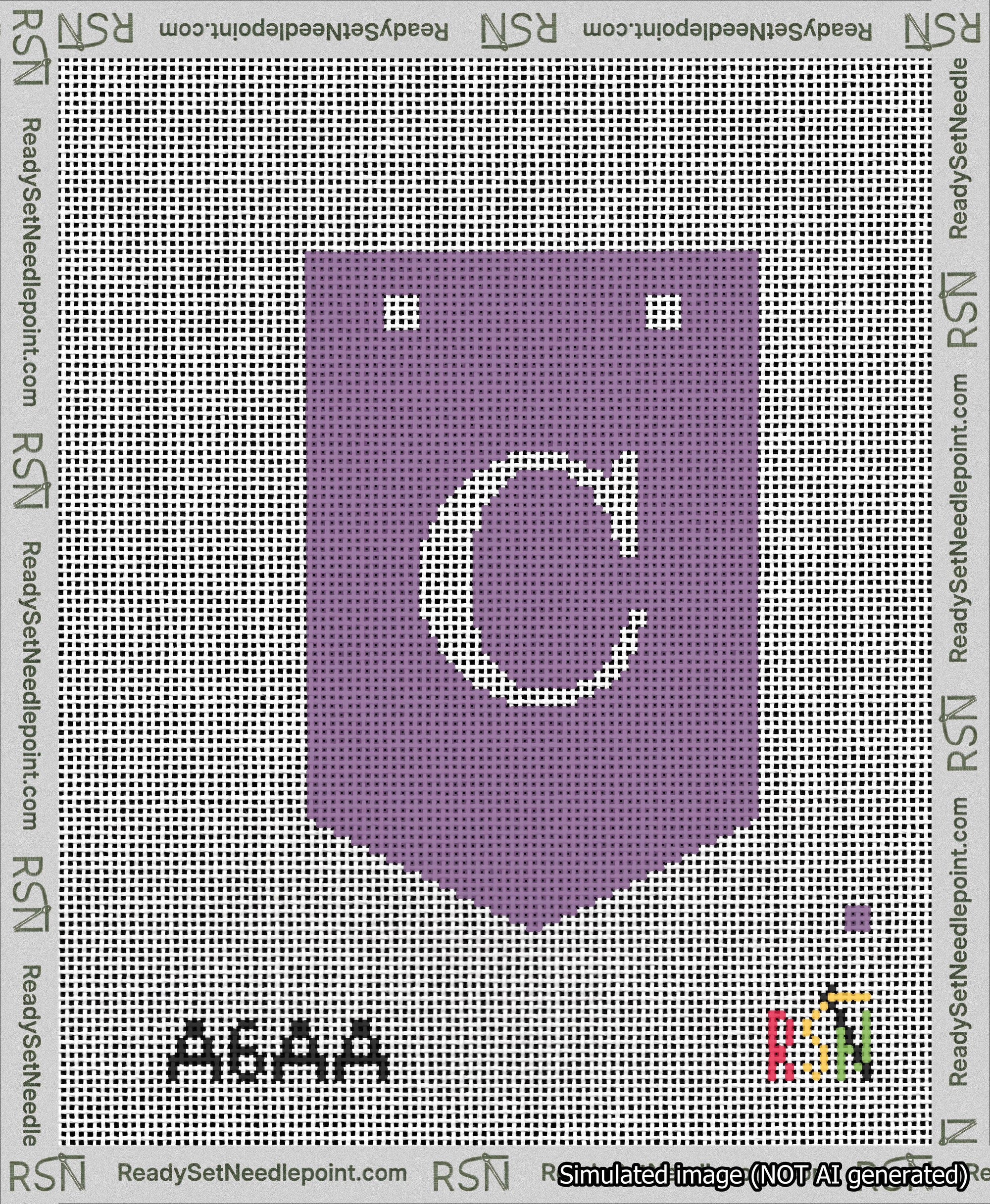 A taped needlepoint canvas with the design: Banner 13 mesh count Pointed C White on Purple.