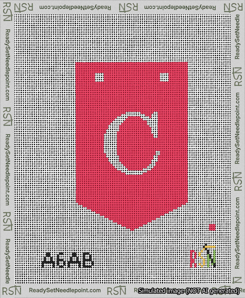 A taped needlepoint canvas with the design: Banner 13 mesh count Pointed C White on Red.